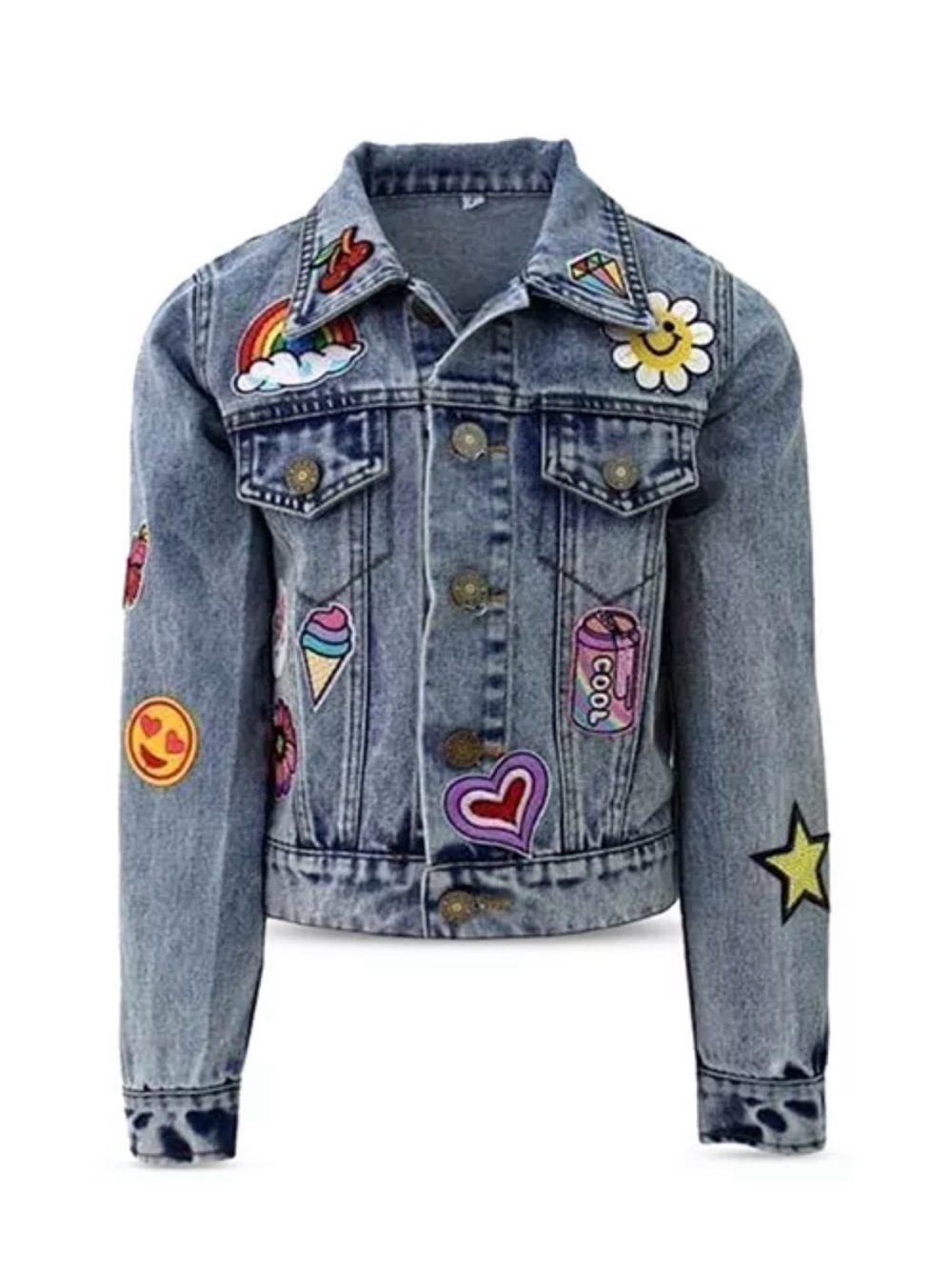 Lola + The Boys Light Blue Denim Jacket with Colorful Patch Motifs